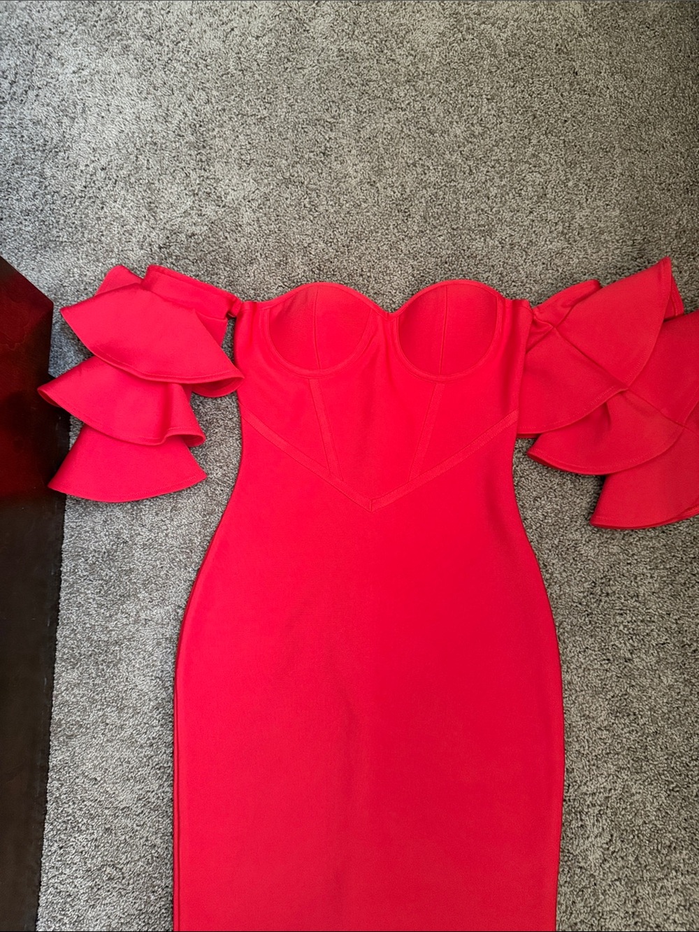 Red Off-Shoulder Ruffle Sleeve Bodycon Dress - Picture 3 of 10
